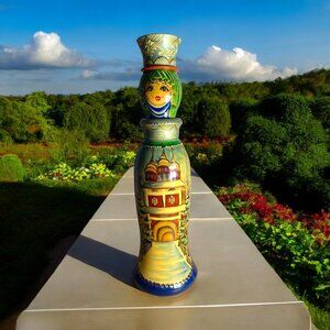 Wooden Vintage art gift box matryoshka bottle holder Russian doll hand painted